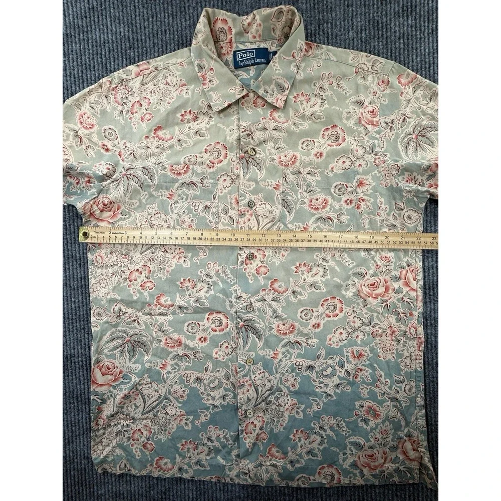 Polo Ralph Lauren Shirt Mens Medium Blue Floral Roses Short Sleeve Button Up VTG